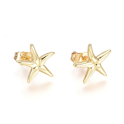 Golden Brass Ear Studs, with Earring Backs, Starfish/Sea Stars, Golden, 11x11x2mm, Pin: 1mm