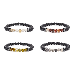 Mixed Stone Natural Gemstone & Black Agate(Dyed) & Synthetic Hematite Round Beaded Stretch Bracelet, Gemstone Jewelry for Women, Inner Diameter: 2-1/8 inch(5.4cm)