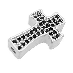 Platinum Brass Micro Pave Cubic Zirconia Beads, Cross, Platinum, 14x9x4mm, Hole: 1.2mm, 3pcs/bag