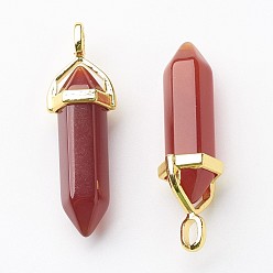 Carnelian Natural Carnelian Double Terminated Pointed Pendants, Dyed & Heated, with Random Alloy Pendant Hexagon Bead Cap Bails, Golden, Bullet, 37~40x12.5x10mm, Hole: 3x4.5mm