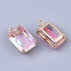 Pearl Pink Transparent Glass Pendants, with Brass Findings, Faceted, Rectangle, AB Color Plated, Light Gold, Pearl Pink, 17.5x10x6.5mm, Hole: 1.6mm