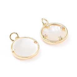 Real 18K Gold Plated Brass Micro Pave Clear Cubic Zirconia Pendants, with Jump Rings and Natural Shell, Long-Lasting Plated, Flat Round, Real 18K Gold Plated, 17.4x16.7x4mm, Jump Ring: 5.3x1mm, Hole: 3.2mm