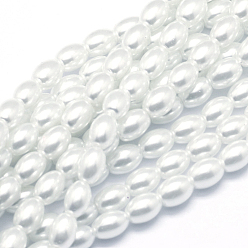 Blanc Brins de perles de riz en verre peint à la bombe respectueux de l'environnement, avec du fil de coton, blanc, 7x5mm, Trou: 1mm, Environ 57 pcs/chapelet, 16 pouce