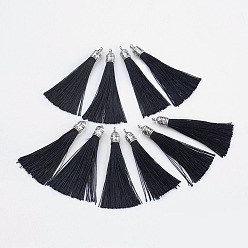 Black Nylon Tassels Big Pendant Decorations, with Antique Silver Alloy Findings, Black, 55~67x7mm, Hole: 2mm