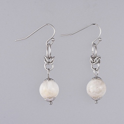 White Moonstone Boucles d'oreilles pendantes en pierre de lune blanche naturelle, avec 304 chapeaux de perles de fleurs en acier inoxydable et 316 crochets de boucle d'oreille chirurgicaux en acier inoxydable, 39mm, pin: 0.6 mm