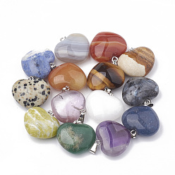 Смешанные камни Природных драгоценных камней подвески, с латунной фурнитурой платинового цвета, сердце, 22~23x23x9~10 мм, отверстие : 2x6.5 мм