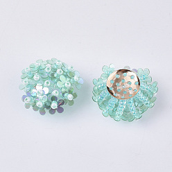Turquoise Cabochons paillette pvc, perles de cluster, avec des perles de rocaille en verre et des réglages de disques perforés en laiton plaqué or, fleur, turquoise, 20~23x10~11mm