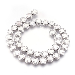 Platinum Plated Electroplate Non-magnetic Synthetic Hematite Bead Strands, Flat Round with Moon & Star, Platinum Plated, 9.5~10x4mm, Hole: 1mm, about 40~41pcs/strand, 15.3 inch~15.7 inch(39~40cm)