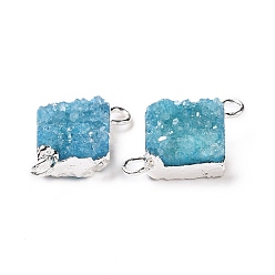 Aqua Connecteurs de liens de quartz druzy naturel, avec les accessoires en laiton, carrée, argenterie, Aqua, 16~18x13~14x6~8mm, Trou: 2mm