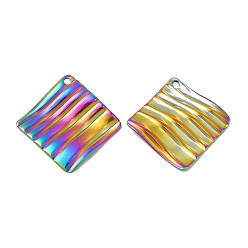 Rainbow Color Ion Plating(IP) 304 Stainless Steel Pendants, Grooved Rhombus Charm, Rainbow Color, 22x22x2.5mm, Hole: 1.4mm