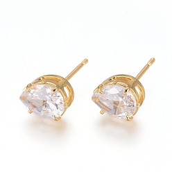 Real 18K Gold Plated Brass Stud Earrings, with 316 Surgical Stainless Steel Pin and Clear Cubic Zirconia, Teardrop, Long-Lasting Plated, Real 18K Gold Plated, 8x6x5mm, Pin: 0.7mm