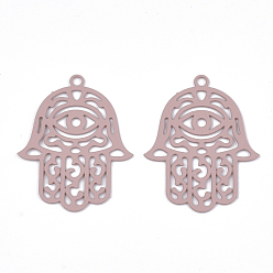 Pink 430 Stainless Steel Filigree Pendants, Spray Painted, Etched Metal Embellishments, Hamsa Hand/Hand of Fatima/Hand of Miriam with Eye, Pink, 23x18x0.3mm, Hole: 1.4mm