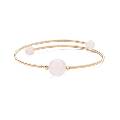 Quartz Rose Bracelet en perles rondes en quartz rose naturel, bracelet de couple de fil de mémoire en acier pour les femmes, or, diamètre intérieur: 2-1/4 pouce (5.7 cm)