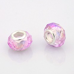 Perlas de Color Rosa De color ab granos europeos de cristal enchapado, abalorios con grande agujero, con núcleos de latón plateado color plata, facetados, rosa perla, 14x9 mm, agujero: 5 mm