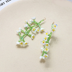 Blanc Grand pendentif en perles de verre tressées, avec fleur en résine perlée, fleur de la vie, blanc, 51x23mm