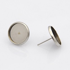 Stainless Steel Color 304 Stainless Steel Flat Round Stud Earring Settings, Stainless Steel Color, Tray: 12mm, 14mm, Pin: 1mm
