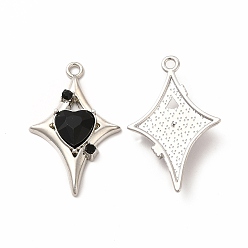 Black Rack Plating Alloy with Glass Pendants, Star with Heart Charms, Platinum, Cadmium Free & Nickel Free & Lead Free, Black, 30.5x19.5x5mm, Hole: 1.8mm