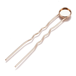Light Gold Iron Hair Fork Findings, with Flat Round Brass Cabochon Settings, Long-Lasting Plated, Light Gold, Tray: 10mm, 78x12x3mm
