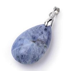 Sodalite Natural Sodalite Pendants, with Alloy Findings, teardrop, Platinum, 23~24x14x8mm, Hole: 4x5mm