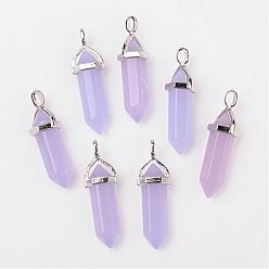 Lilac Bullet Imitation Jade Glass Pointed Pendants, with Alloy Findings, Lilac, 39x12mm, Hole: 3x4mm
