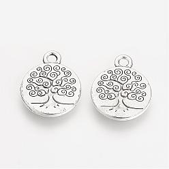 Antique Silver Tibetan Style Alloy Flat Round with Tree Pendants, Cadmium Free & Lead Free, Antique Silver, 19x15.2x2mm, Hole: 2.5mm, about 263pcs/500g