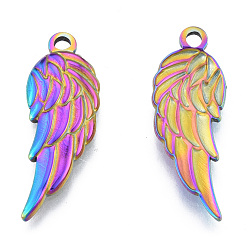 Rainbow Color Ion Plating(IP) 201 Stainless Steel Pendants, Wing, Rainbow Color, 30.5x11x2.5mm, Hole: 2mm