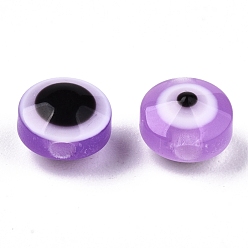 Lilac Resin Beads, Flat Round, Evil Eye, Lilac, 6x4mm, Hole: 1.5mm