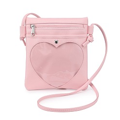 Pink PU Leather Crossbody Bags, Rectangle Women Bags, with Heart Clear Window & Zipper Lock, Pink, 21.5x19x1cm