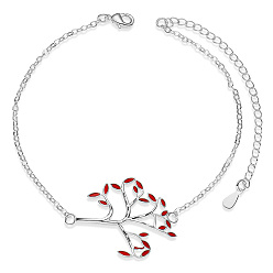 Red SHEGRACE Brass Link Anklets, with Epoxy Resin and Cable Chains, Tree, Platinum, Red, 8-1/4 inch(21cm)