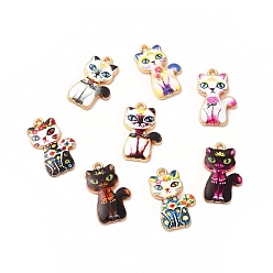 Mixed Color Rack Plating Alloy Pendants, Printed, Lead Free & Cadmium Free & Nickel Free, Cat Charm, Light Gold, Mixed Color, 23x14x2mm, Hole: 1.6mm