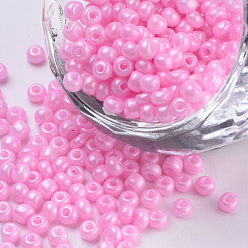 Pearl Pink Baking Paint Glass Seed Beads, Round, Pearl Pink, 3x1.5~3mm, Hole: 1mm, about 10000pcs/bag, about 450g/bag