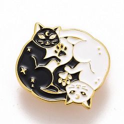 Negro Pasador de esmalte gato doble y gran armonía, insignia de aleación animal para ropa de mochila, dorado, negro, 23x27.5x1.5 mm, pin: 1.2 mm