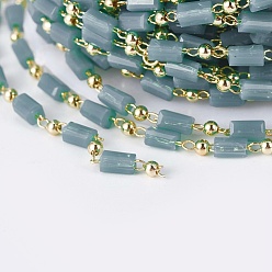 Cadet Blue Handmade Glass Beaded Chains, Soldered, with Brass Findings, with Spool, Long-Lasting Plated, Real 18K Gold Plated, Cuboid, Cadet Blue, 4.5x2.5~3x2.5~3mm, 2mm, about 32.8 Feet(10m)/roll