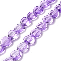 Violet Bleu Transparent perles de verre brin, cœur, bleu violet, 9.5~10x10x3.5~4.5mm, Trou: 0.8~1mm, Environ 35 pcs/chapelet, 13.15~13.31 pouce (33.4~33.8 cm)