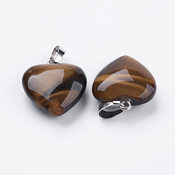 Tiger Eye Natural Tiger Eye Pendants, with Brass Findings, Heart, Platinum, 23x20x7~9mm, Hole: 5x8mm