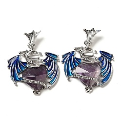 Amethyst Natural Amethyst Pendants, Faceted Heart Charms, with Rack Plating Platinum Plated Brass Enamel Dragon, 37mm, Pendant: 30.5x28.5x6.5mm, Hole: 3x3.5mm