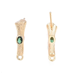 Green Brass Micro Pave Cubic Zirconia Stud Earring Findings, with Horizontal Loops, Nickel Free, Bamboo Stick, Real 18K Gold Plated, Green, 16x4.5mm, Hole: 1.2mm, Pin: 0.8mm