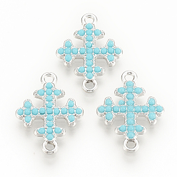 Platinum Alloy Links connectors, with Resin, Cross, Turquoise, Platinum, 22x16x2.5mm, Hole: 1.6mm
