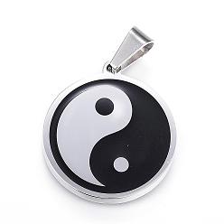 Stainless Steel Color Feng Shui 304 Stainless Steel Pendants, Enamel, Flat Round with Yin Yang, Stainless Steel Color, 28.5x25.5x3mm, Hole: 9.5x5mm