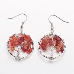 Carnelian Dangle Earrings, with Natural Carnelian Beads and Brass Hooks, Ring with Tree of Life, 50mm, Pin: 0.6mm