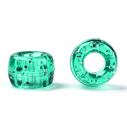Vert Mer Moyen Perles en plastique transparentes, avec de la poudre de paillettes, baril, vert de mer moyen, 9x6mm, Trou: 3.8mm, environ1900 pcs / 500 g
