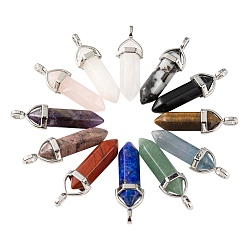 Mixed Stone 12Pcs 12 Style Natural Gemstone Double Terminated Pointed Pendants, with Random Alloy Pendant Hexagon Bead Cap Bails, Bullet, Platinum, 36~45x12mm, Hole: 3x5mm, 1pc/style