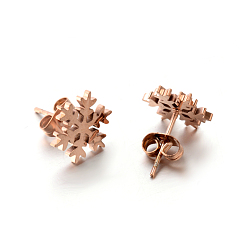 Rose Gold 304 Stainless Steel Ear Studs, Hypoallergenic Earrings, Snowflake, Rose Gold, 12x12mm, Pin: 0.8mm