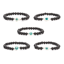 Teal Natural Lava Rock & Shell with Evil Eye Beaded Stretch Bracelet, Essential Oil Gemstone Jewelry for Women, Teal, Inner Diameter: 2-1/4 inch(5.6cm)