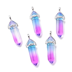 Deep Sky Blue Faceted Bullet Glass Pointed Pendants, with Platinum Plated Brass Findings, Deep Sky Blue, 38~39.5x12.5x10mm, Hole: 5x3mm
