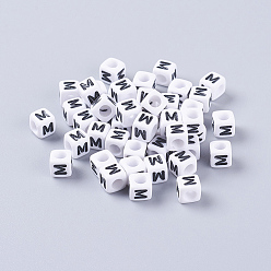 Letter M Acrylic Horizontal Hole Letter Beads, Cube, White, Letter M, Size: about 6mm wide, 6mm long, 6mm high, hole: about 3.2mm, about 2600pcs/500g