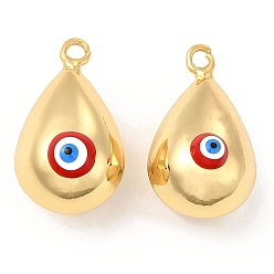 Red Brass Pendants, with Enamel, Real 18K Gold Plated, Long-Lasting Plated, Teardorp with Evil Eye Charm, Red, 26x15.5x15mm, Hole: 2.6mm