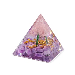 Amethyst Orgonite Pyramid Resin Display Decorations, with Gold Foil and Natural Amethyst Chips Inside, for Home Office Desk, 50x50x51.5mm