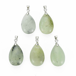 New Jade Natural New Jade Pendants, with Brass Findings, teardrop, 24~25x15~16x8~10mm, Hole: 5x4mm