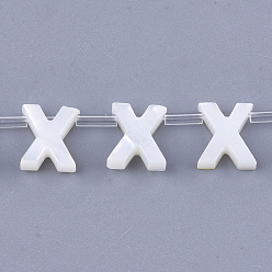 Letter X Cuentas de concha marinas naturales, concha blanca concha de nácar, cuentas perforadas superiores, letter.x, 10x2.5~11.5x3 mm, agujero: 0.8 mm